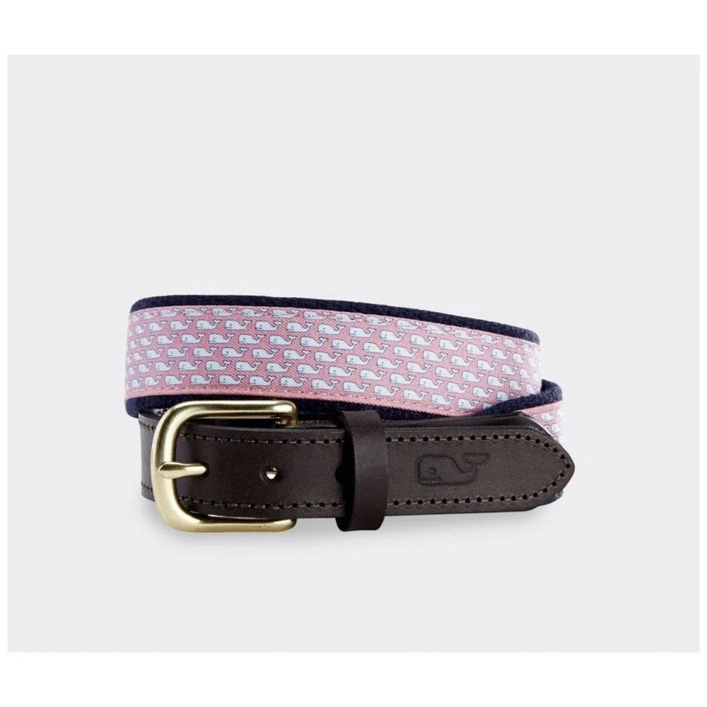 Vineyard Vines Kids Pink Whale Logo Canvas Leather Club Belt Navy Brown Size 24
